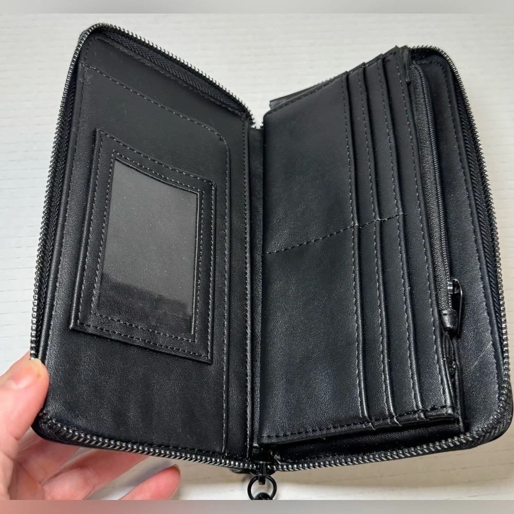 Betsey Johnson black faux leather zip-around wristlet/wallet